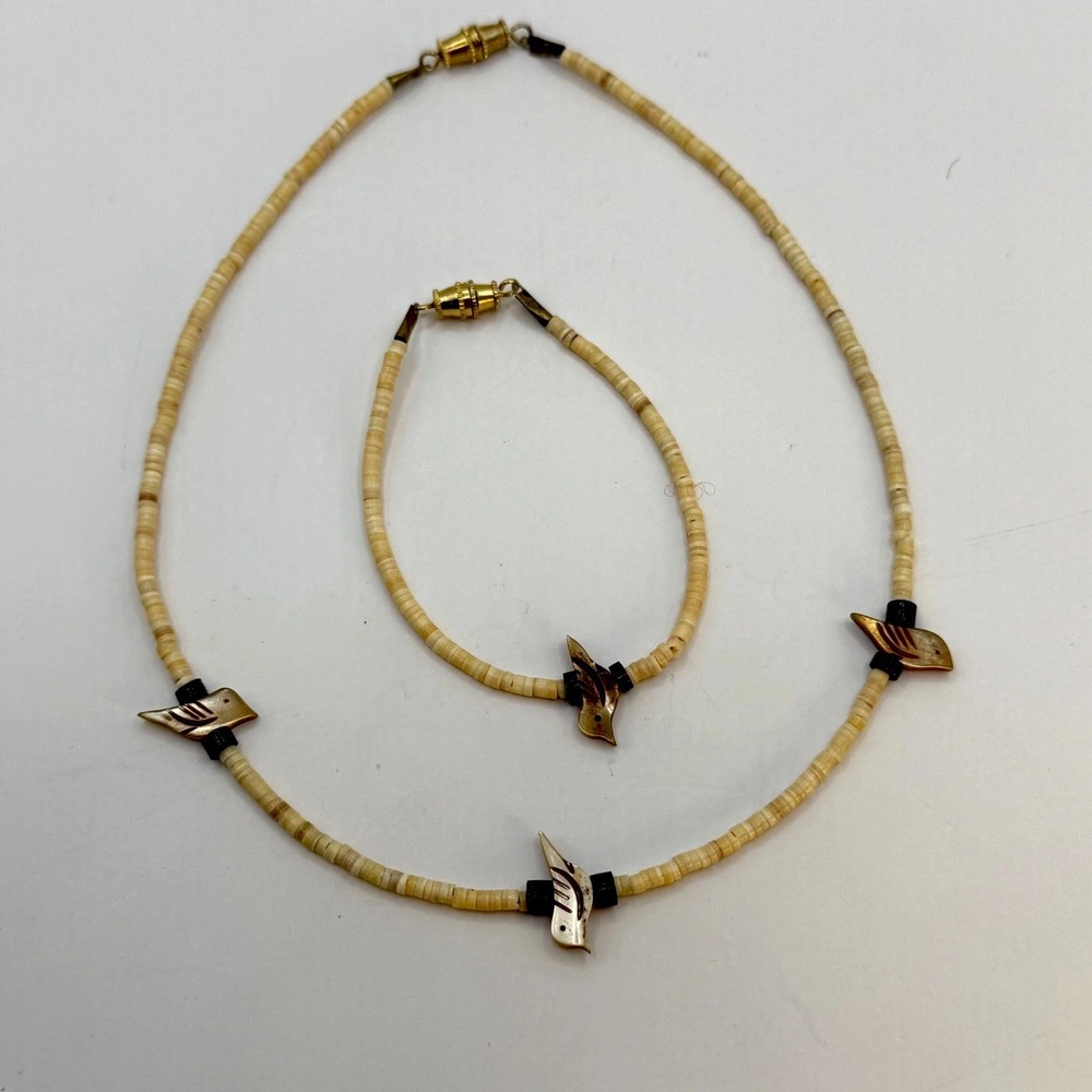 Vintage Bird Heishi Bead Choker‎ Necklace Barel Clasp With Matching Bracelet